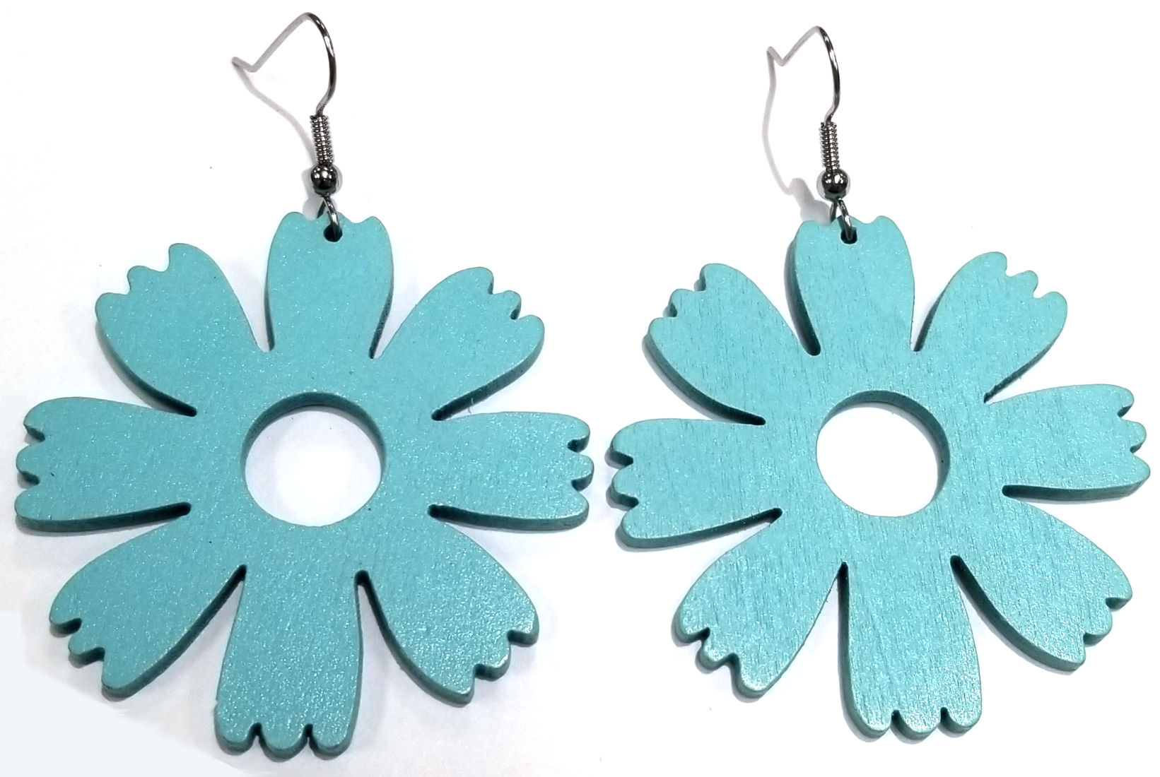 Large Light Blue flower earrings wood and stainless steel Jewelry by