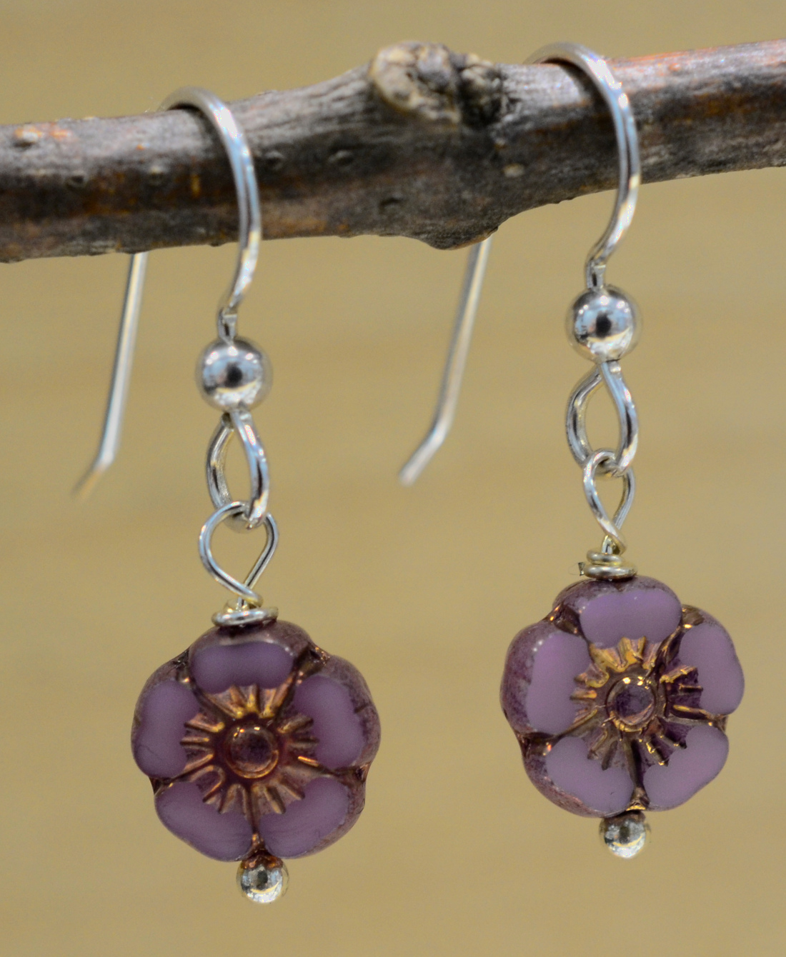 purple flower Czech glass and sterling silver handmade dangle earrings