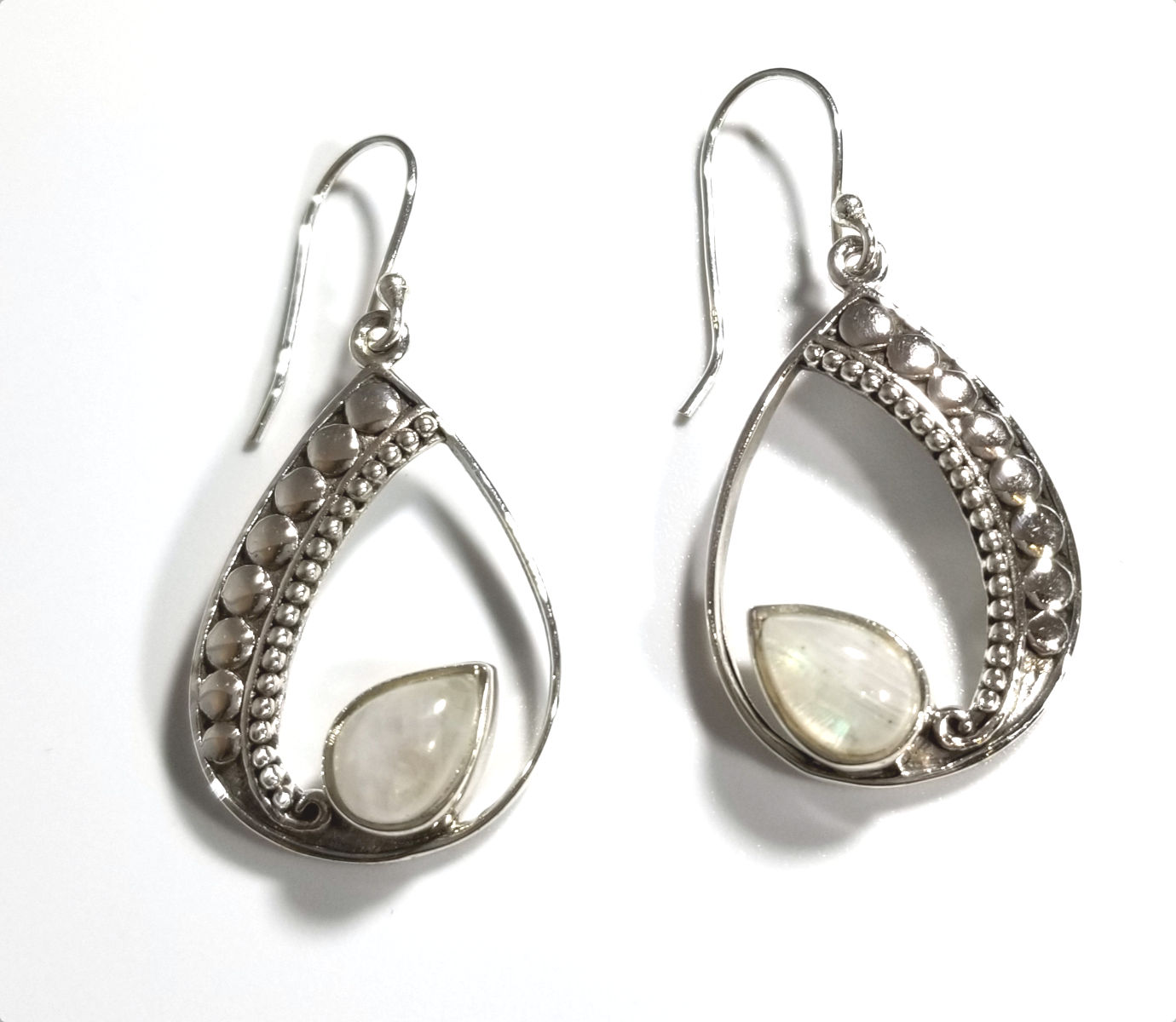 Rainbow Moonstone sterling silver drop earrings with fancy silver