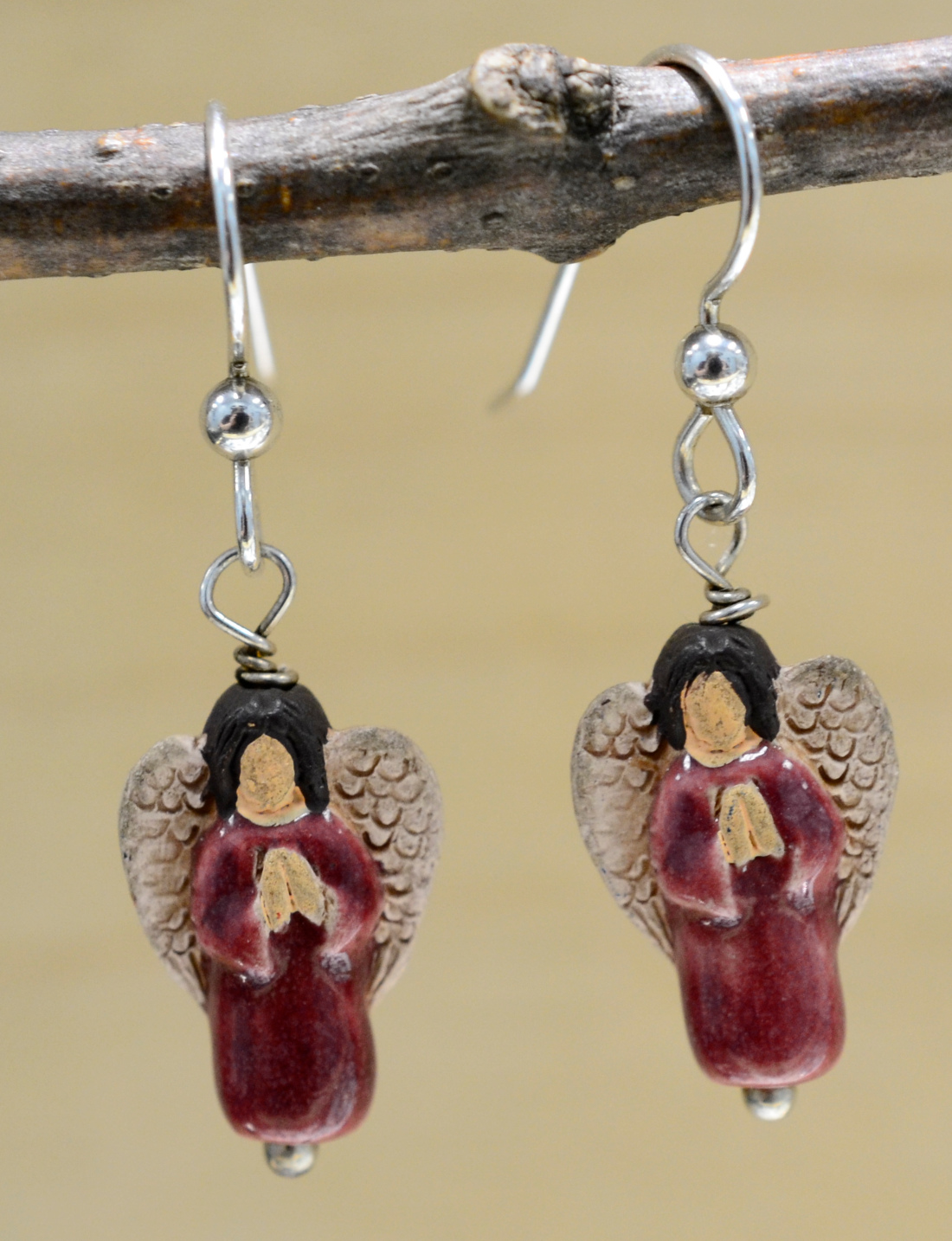 red ceramic angel and sterling silver handmade dangle earrings