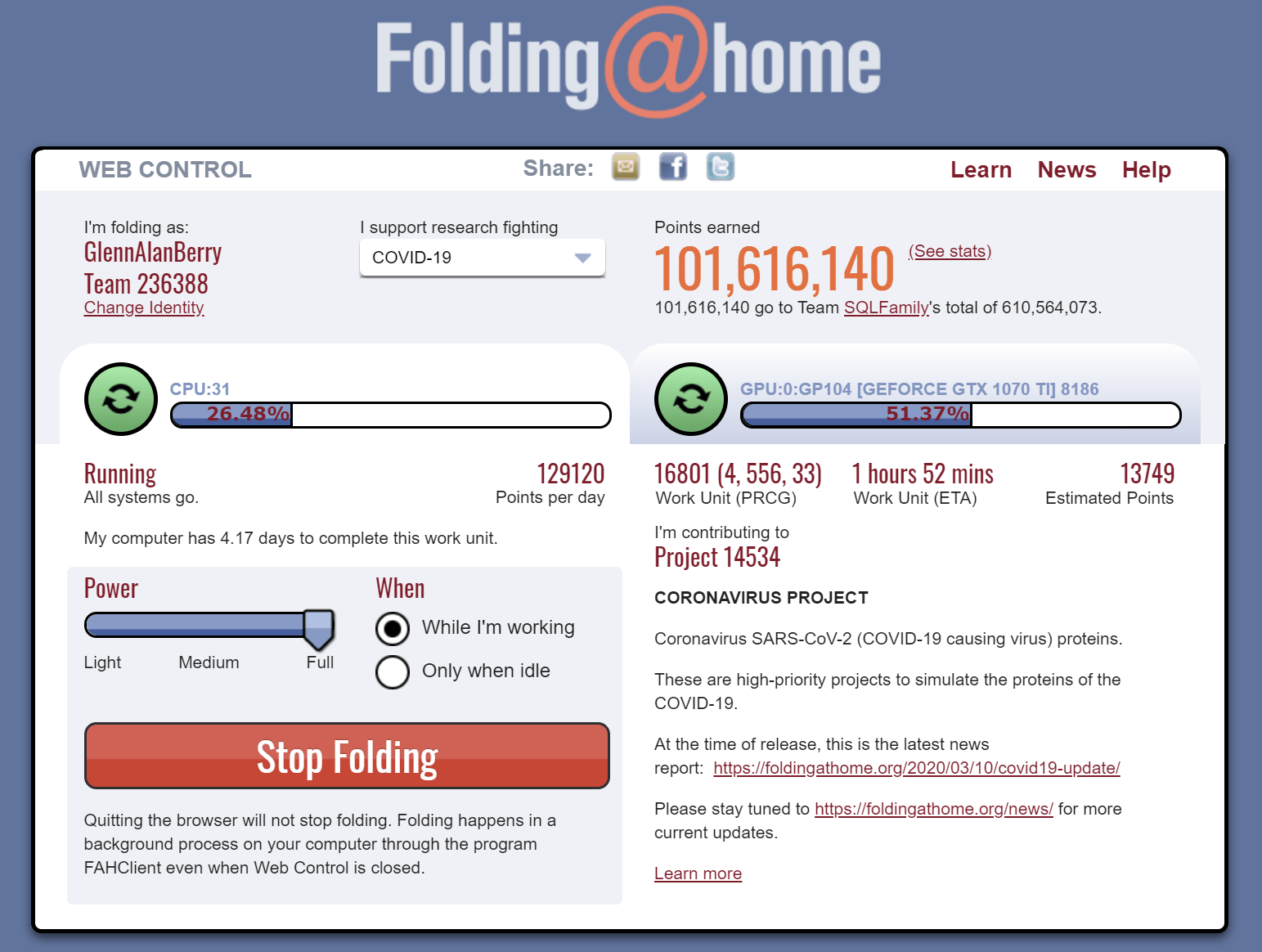 FAH Web Client Showing CPU and GPU Work Units