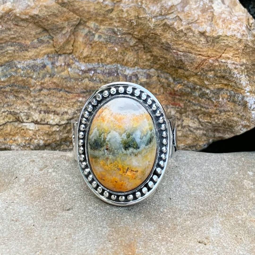 Beaded Sterling Silver and Bumblebee Jasper Ring - GLE-Good Living