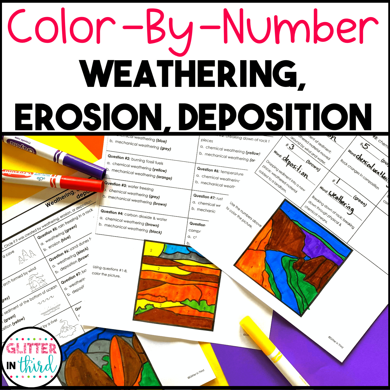 Weathering and Erosion Worksheets Color-By-Number - Glitter in Third