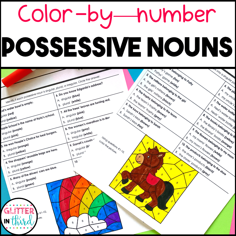 Possessive Nouns Worksheets ColorByNumber Grammar Glitter in Third