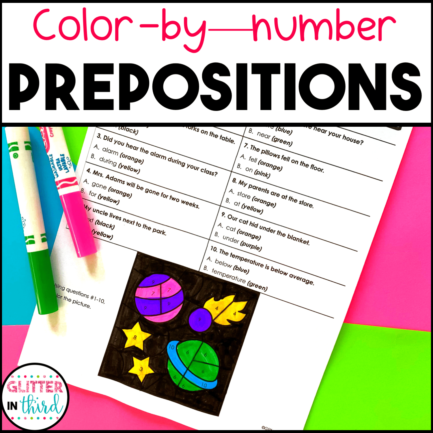 Prepositions Worksheets ColorByNumber Grammar Glitter in Third