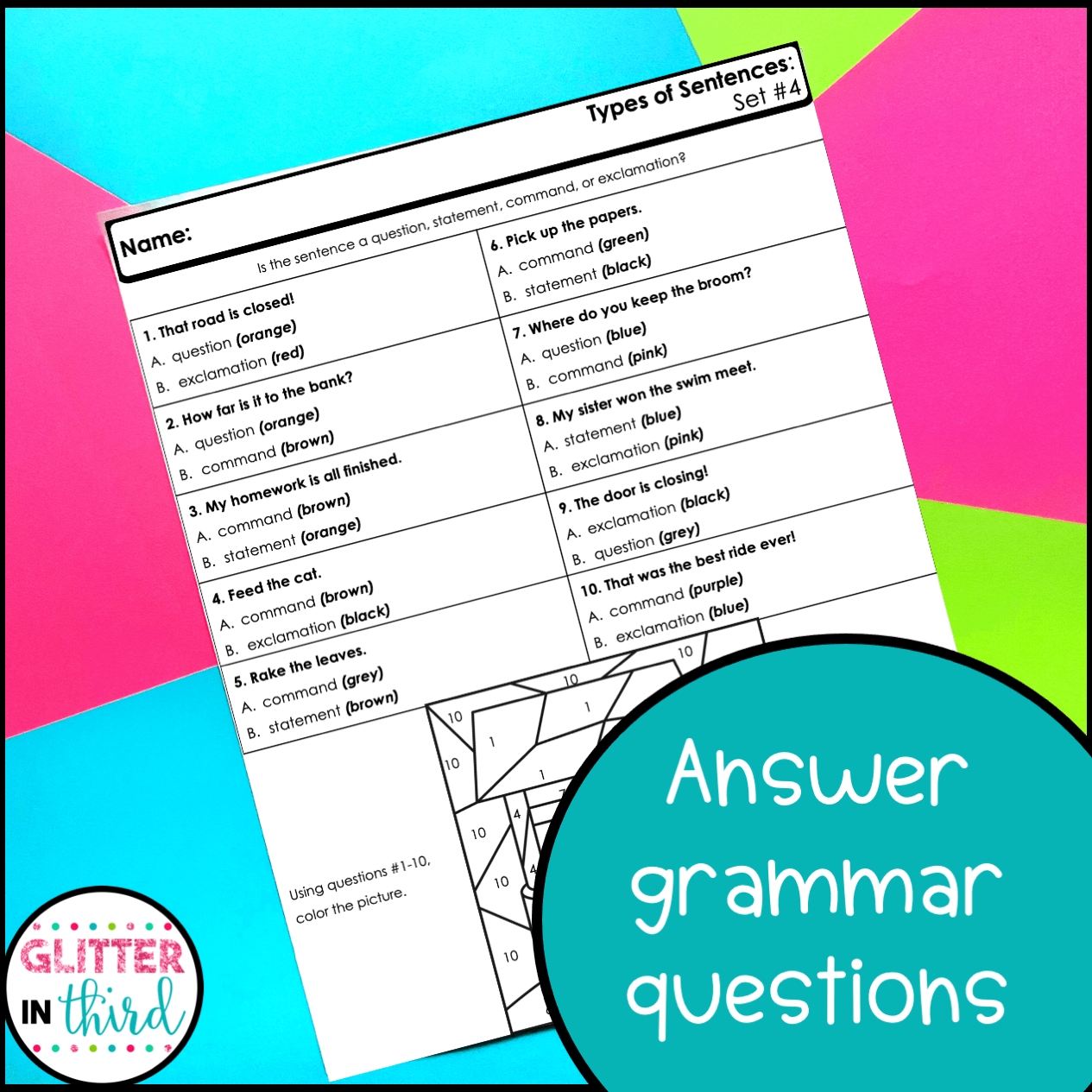Types of Sentences Worksheets ColorByNumber Grammar Glitter in Third