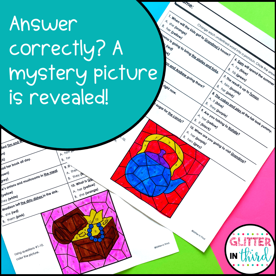 Pronouns Worksheets ColorByNumber Grammar Glitter in Third