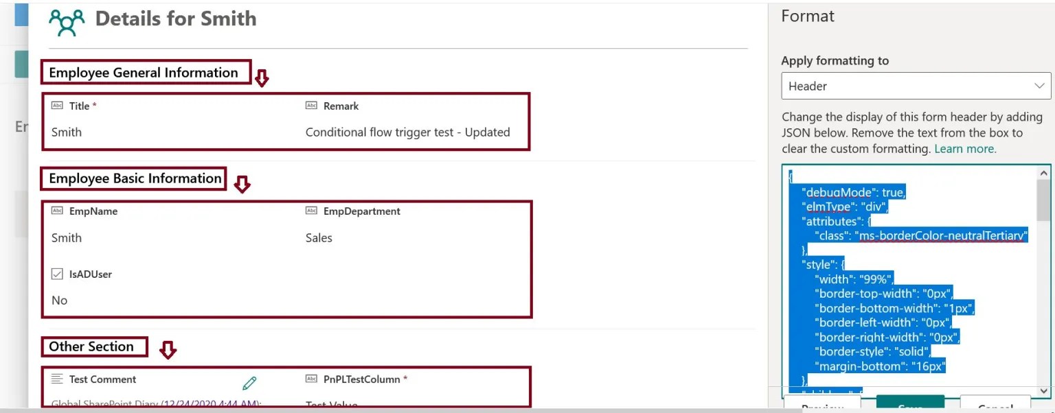 Customize the list form using JSON in SharePoint Online step by step