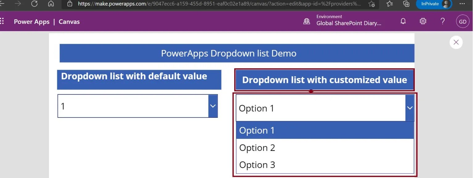 PowerApps dropdown items Custom Options Global SharePoint