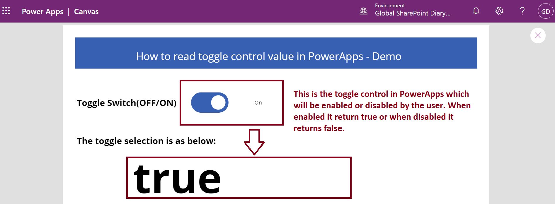Read PowerApps toggle control value Global SharePoint