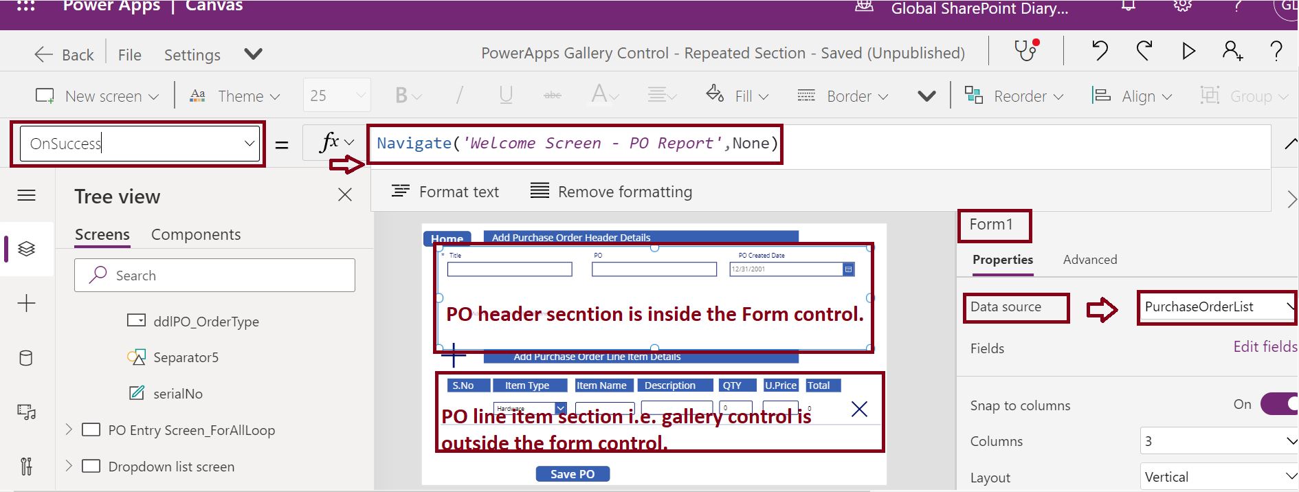 PowerApps repeating section data to SharePoint list step by step