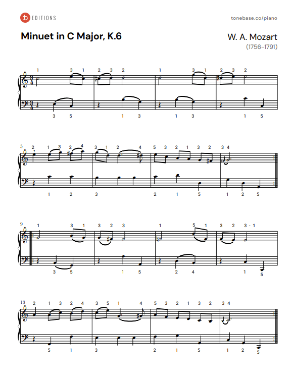 Mozart Minuet in C Major, K. 6 Free Piano Sheet Music