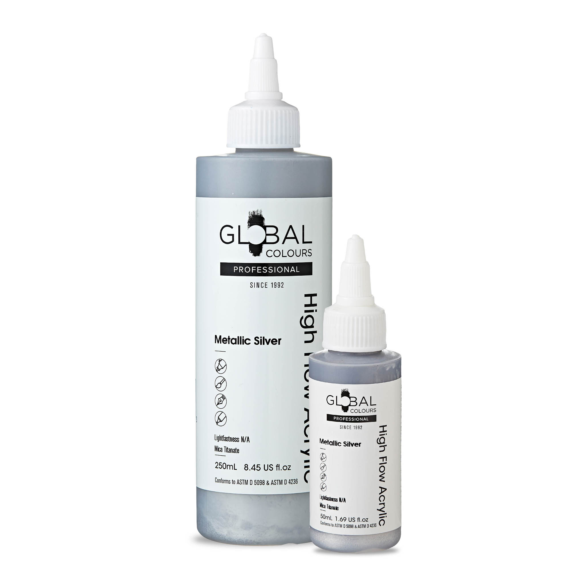 Global Colours Metallic Silver Professional High Flow Acrylic Artist