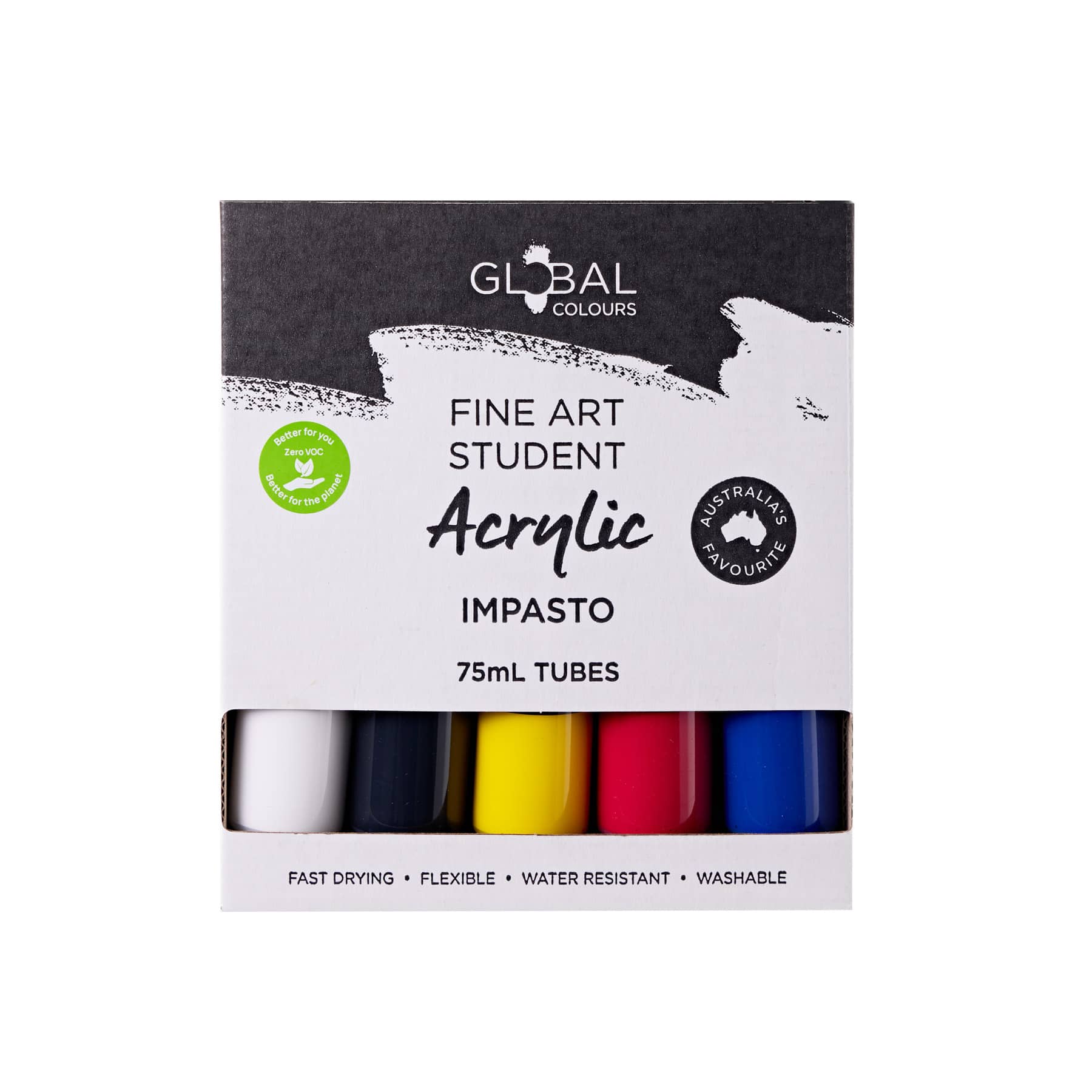 Global Colours Starter 5 Colour EcoFriendly 75ml Set Student Acrylic Artist Paint