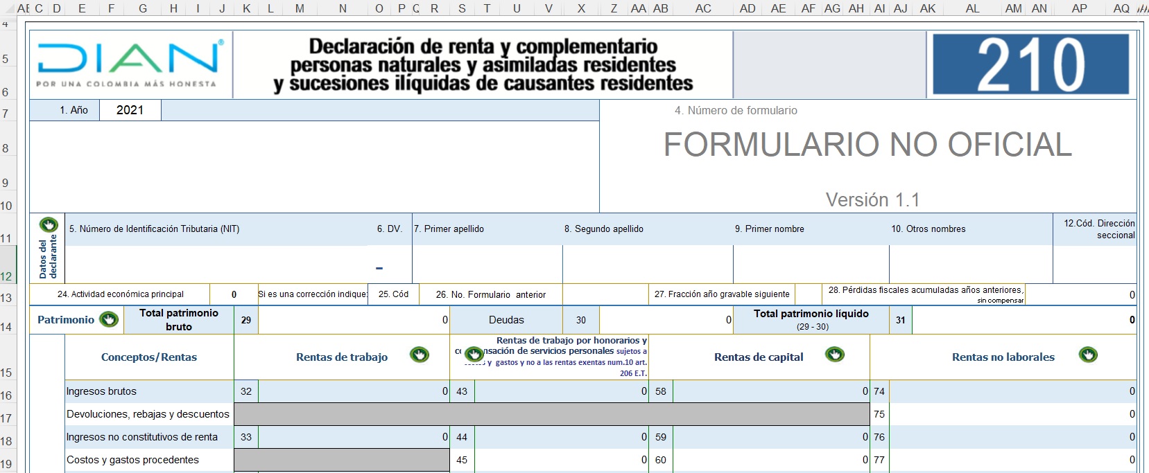 Renta persona natural 210 2021 EXCEL Proyecto DIAN
