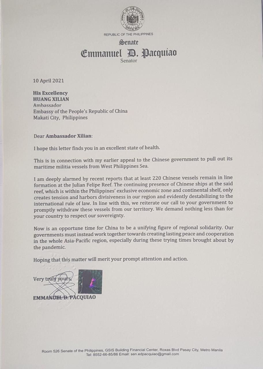 Pacquiao oneups fellow senators, says he already wrote China to