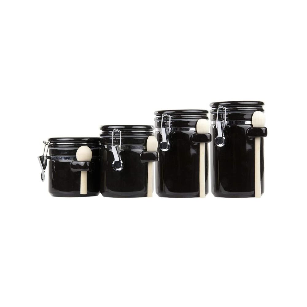 Airtight Black Kitchen Ceramic Coffee Storage Canister Set With Metal