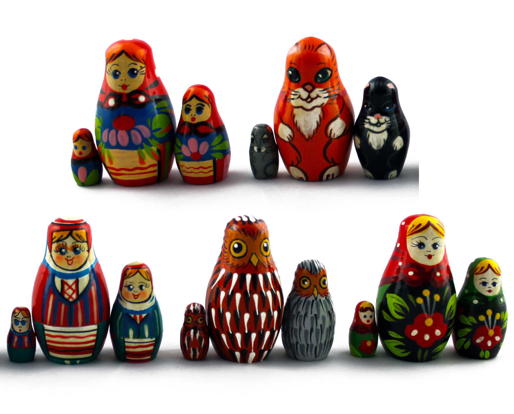 Lot 5 Tiny Wooden Matryoshka Nesting Dolls Sets, Russian Babushka Dolls