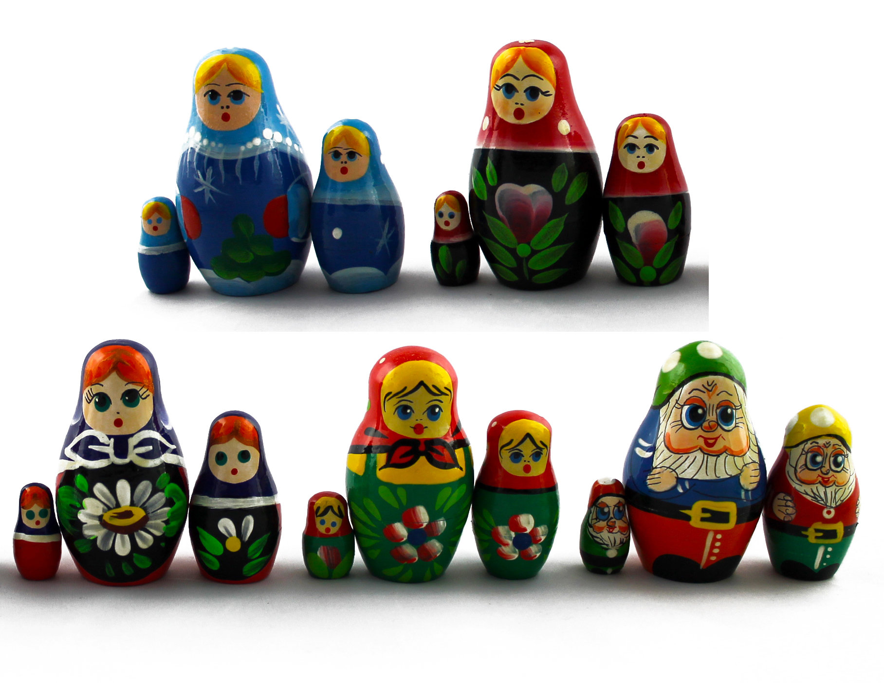 Lot 5 Tiny Wooden Matryoshka Nesting Dolls Sets, Russian Dolls That Fit