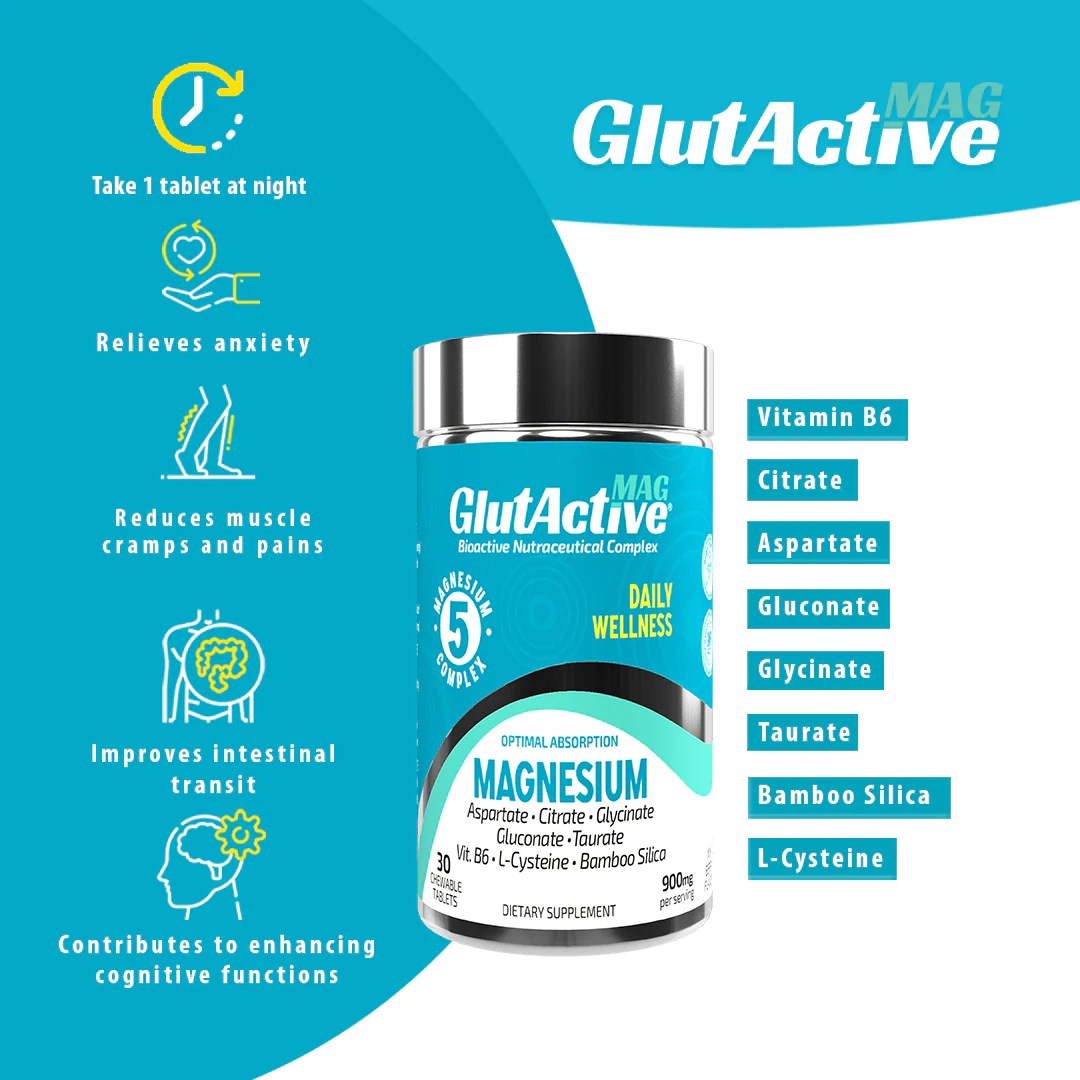 GlutActive MAG 750mg, Chewable Tablet, 5 Magnesium Sources Glycinate,
