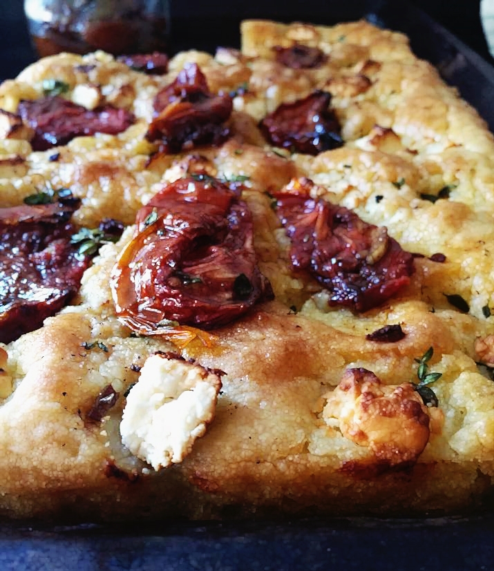 Focaccia with sun dried tomatoes and feta