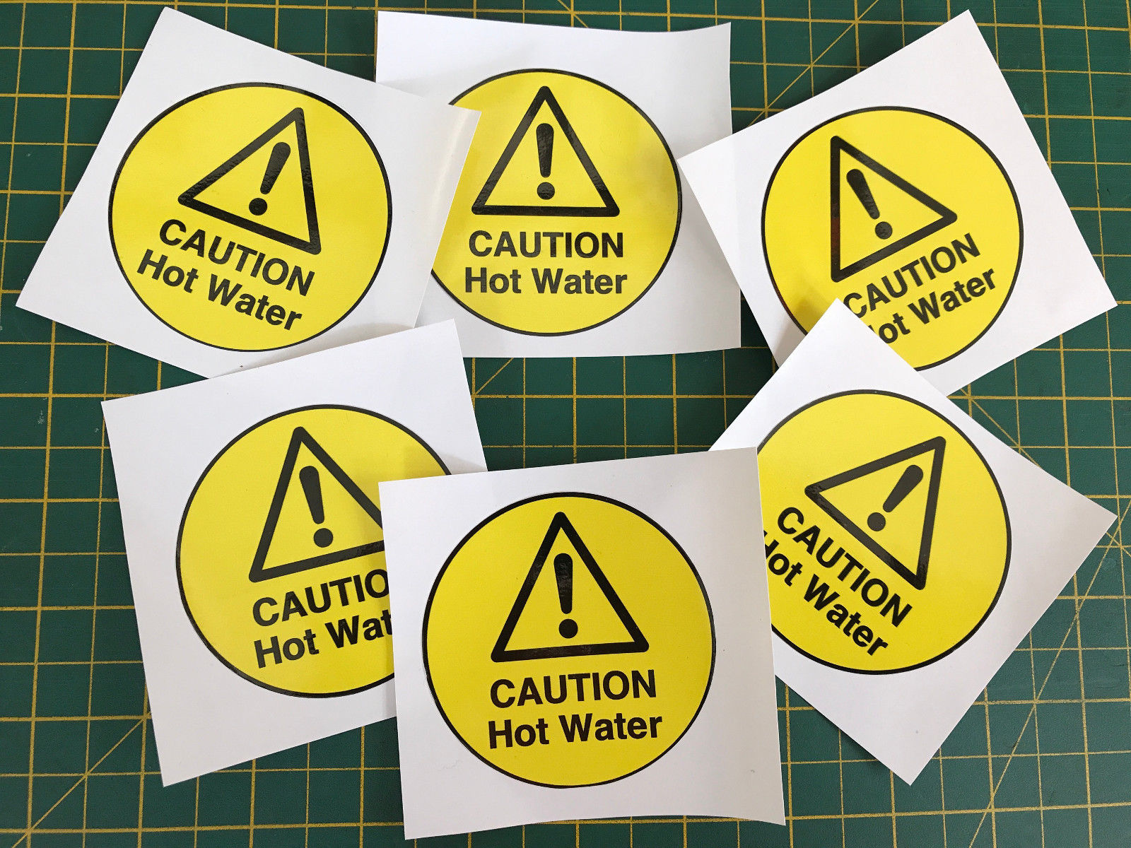 3 x CAUTION HOT WATER stickers 256 x 103mm rectangular safety signs