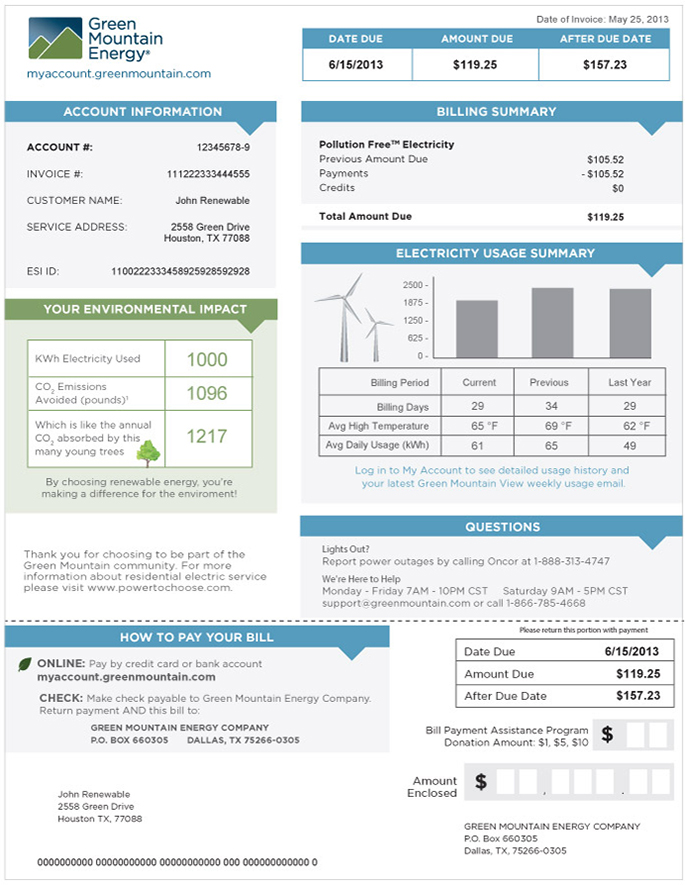 Texas Residential Bill Green Mountain Energy Company