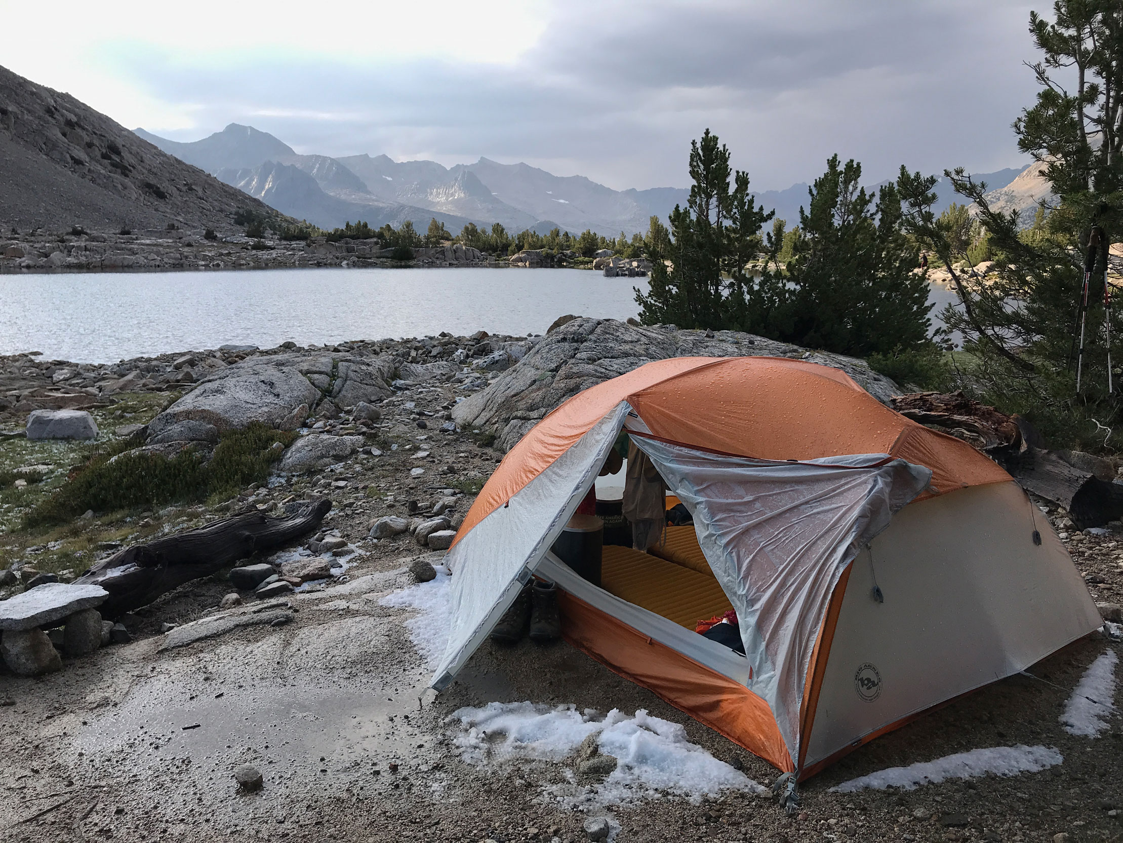 After the storm, we assessed the damage and discovered our tent now stood in a lake of its own.