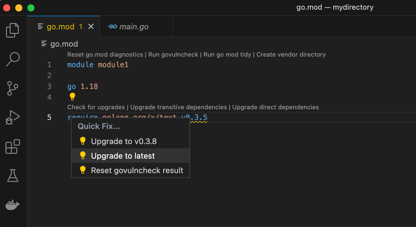 Tutorial Find and fix vulnerable dependencies with VS Code Go The Go
