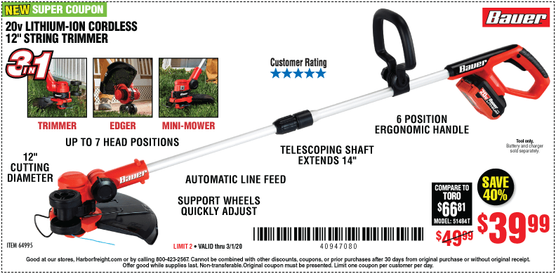 BAUER 20V Hypermax Lithium Cordless String Trimmer for 39.99 Harbor