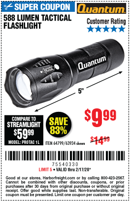 QUANTUM 588 Lumen Tactical Flashlight for $9.99 – Harbor Freight Coupons