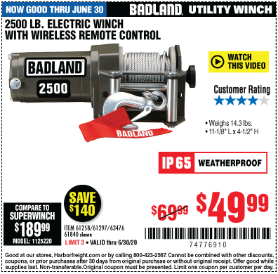 BADLAND 2500 lb. ATV/Utility Winch for $49.99 – Harbor Freight Coupons