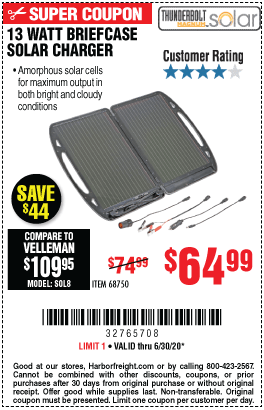 THUNDERBOLT 13 Watt Briefcase Solar Charger for $64.99 – Harbor Freight