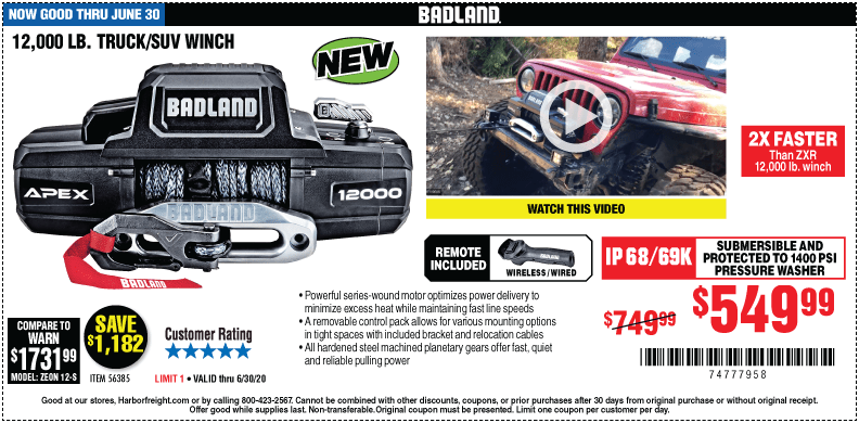 BADLAND APEX Synthetic 12000 Lb. Wireless Winch for 549.99 Harbor Freight Coupons