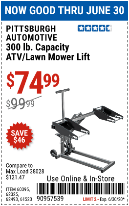 Pittsburgh Automotive 300 Lb Atv Lawn Mower Lift For 74 99 Harbor Freight Coupons