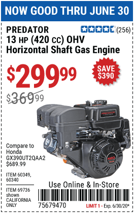PREDATOR 13 HP (420cc) OHV Horizontal Shaft Gas Engine for $299.99