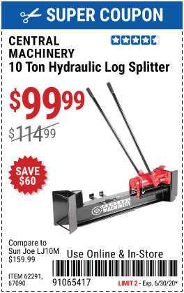 CENTRAL MACHINERY 10 Ton Hydraulic Log Splitter for $99.99 – Harbor