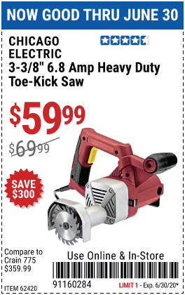CHICAGO ELECTRIC 3-3/8 in. 6.8 Amp Heavy Duty Toe-Kick Saw for $59.99
