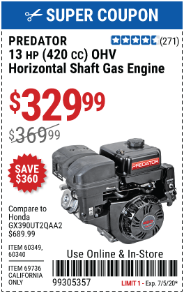 PREDATOR 13 HP (420cc) OHV Horizontal Shaft Gas Engine for $329.99