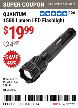 QUANTUM 1500 Lumen LED Flashlight for $19.99 – Harbor Freight Coupons