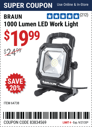 BRAUN 1000 Lumen LED Work Light for $19.99 – Harbor Freight Coupons