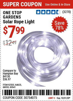 ONE STOP GARDENS Solar Rope Light for $7.99 – Harbor Freight Coupons