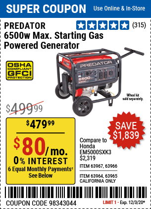 PREDATOR 6500 Watt Max Starting Gas Powered Generator for $479.99