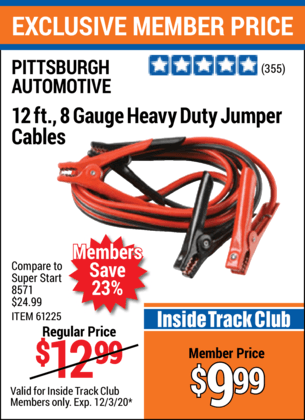 PITTSBURGH AUTOMOTIVE 12 ft. 8 Gauge Heavy Duty Jumper Cables for $9.99