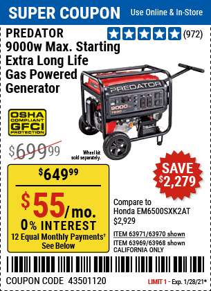 PREDATOR 9000 Watt Max Starting Extra Long Life Gas Powered Generator