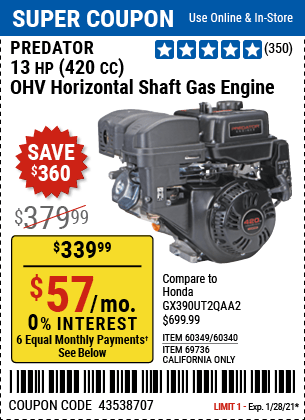 PREDATOR 13 HP (420cc) OHV Horizontal Shaft Gas Engine for $339.99