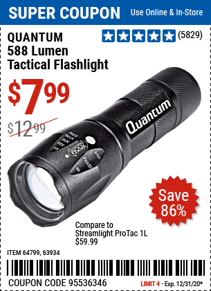 QUANTUM 588 Lumen Tactical Flashlight for $7.99 – Harbor Freight Coupons