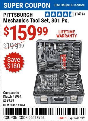 PITTSBURGH 301 Pc Mechanic’s Tool Set for $159.99 – Harbor Freight Coupons