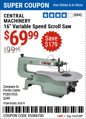 CENTRAL MACHINERY 16 in. Variable Speed Scroll Saw for $69.99 – Harbor