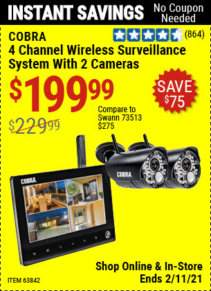COBRA 4 Channel Wireless Surveillance System with 2 Cameras for $199.99